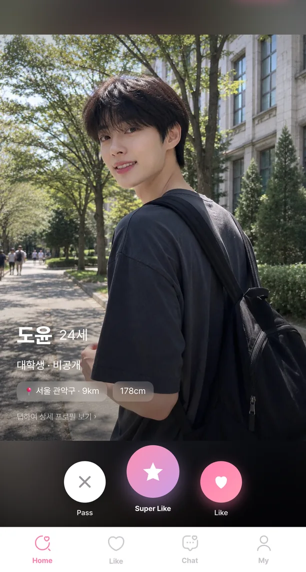홈 추천 화면 전체 — 오늘 남은 3명, 사주 궁합 67% 배지가 붙은 카드와 Pass·Super Like·Like 버튼